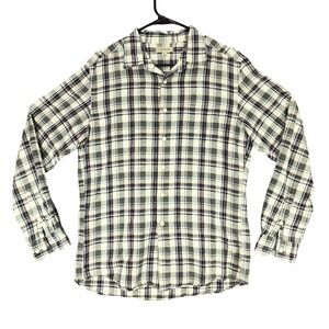 Uniqlo M Linen Blend Button Up Shirt Men Plaid Long Sleeve Gray Green Blue Black